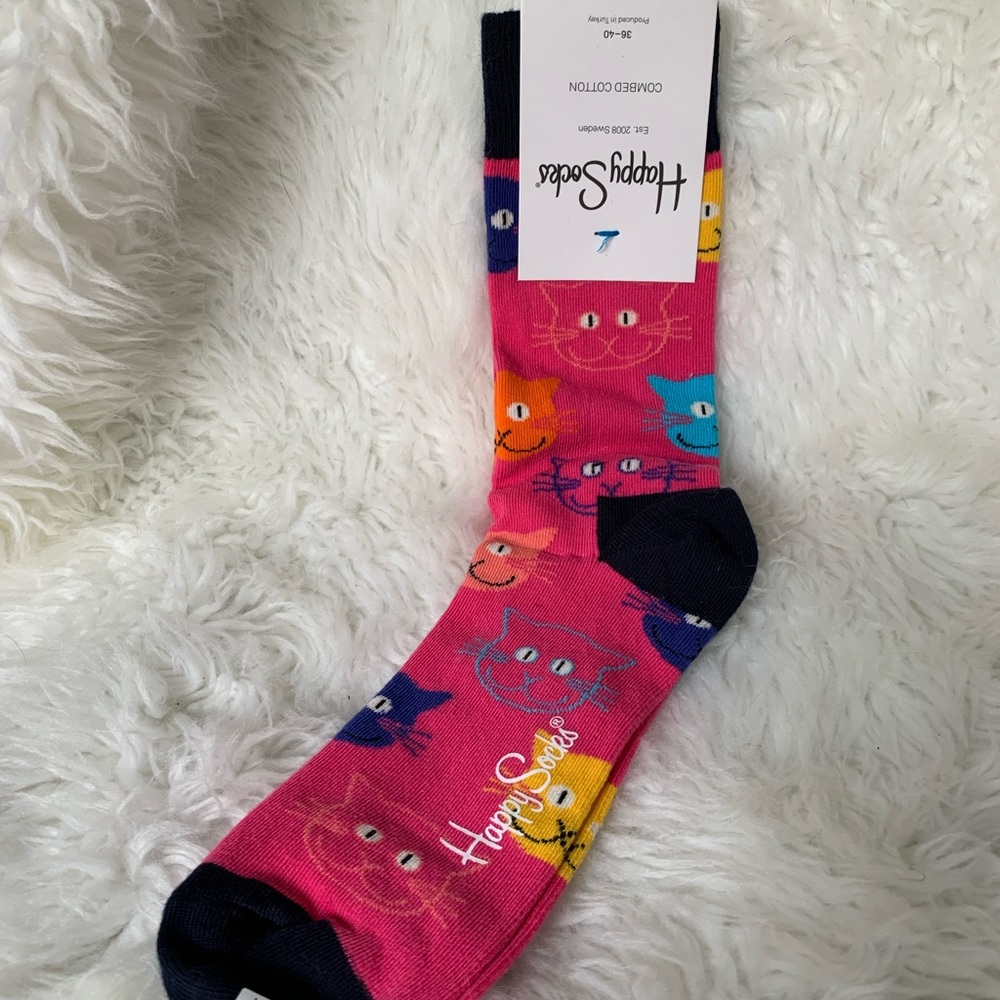 Happy Socks - Cat Socks - Fits Women Size 5.5-9.5 - Pink - New
